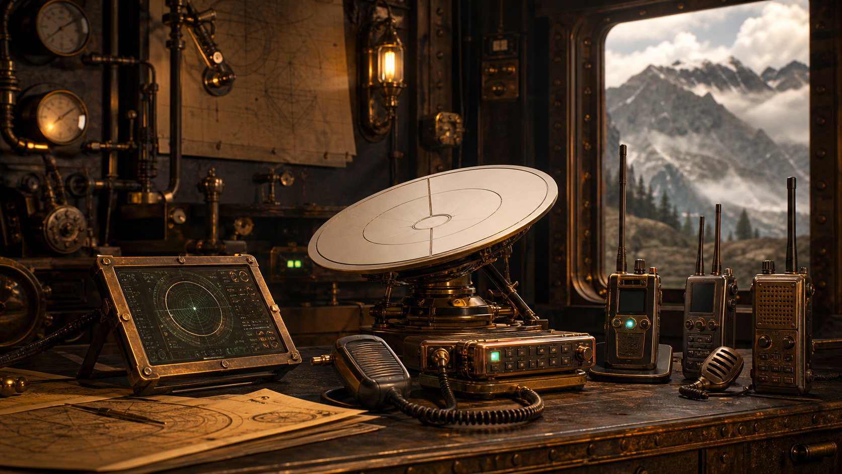 Steampunk styled satellite internet and radio communications equipment on a brass workshop bench